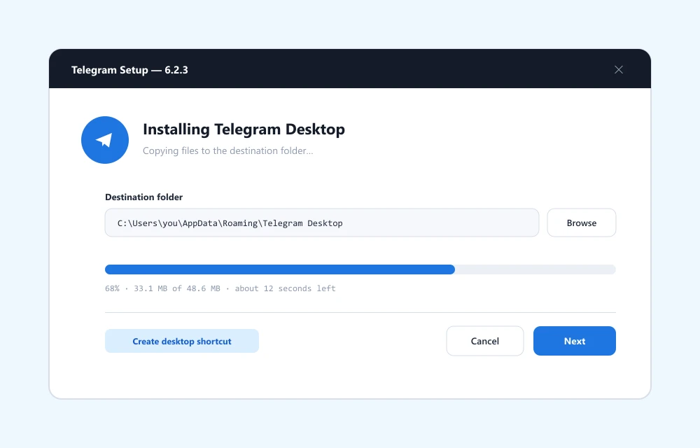 Telegram no Windows — Instalador tsetup.exe em pt-BR